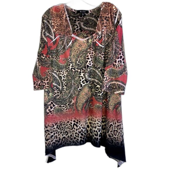 BLEU Rhinestone Sequin Sublimation Print Handkerchief Hemline Tunic Top - Picture 1 of 6